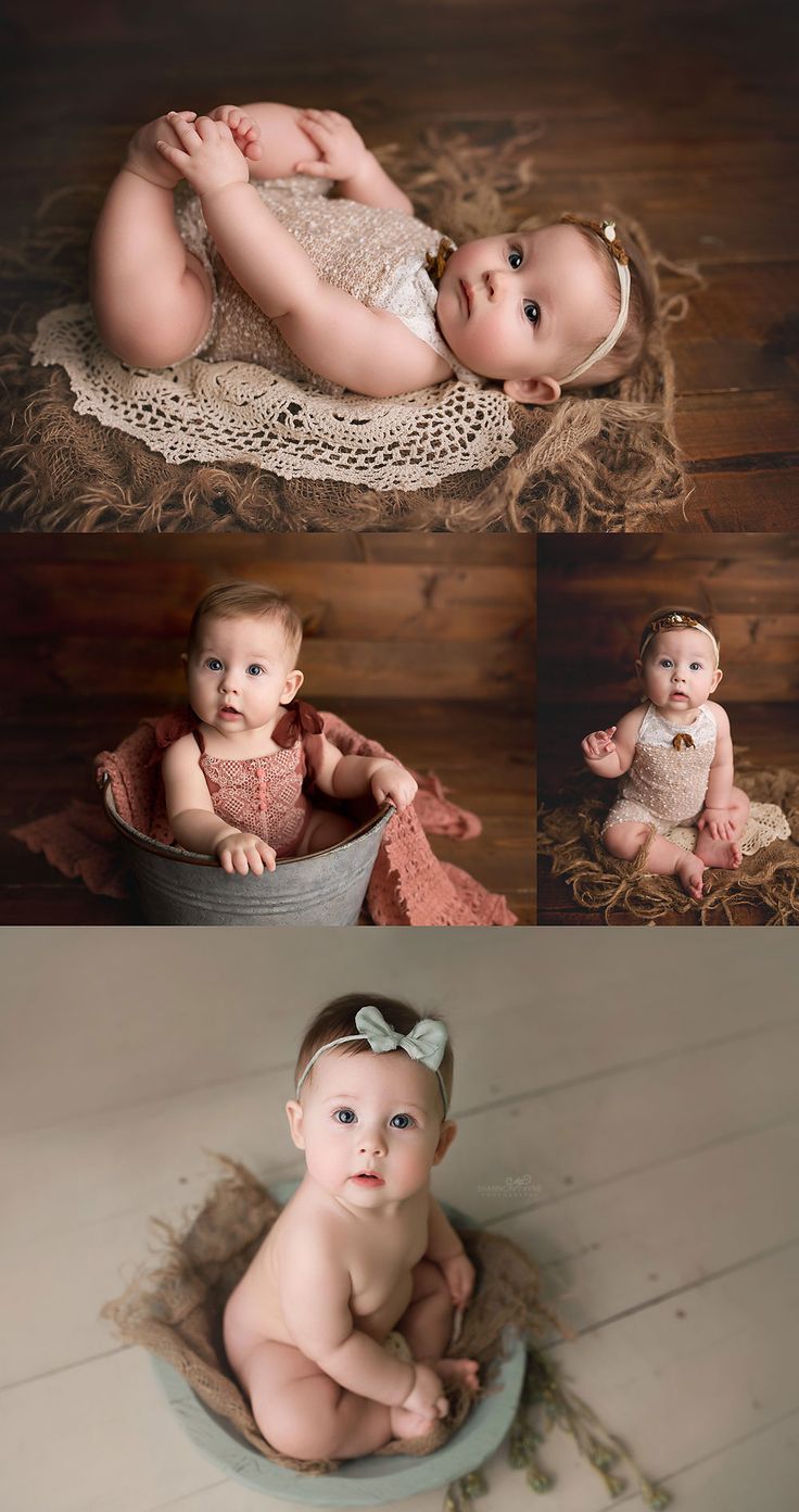 a baby is sitting in a basket and looking at the camera while wearing a headband