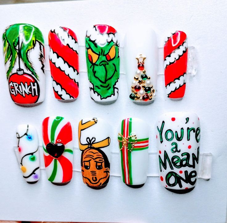 Hand Painted  Medium  Includes Prep-Kit A Christmas Story Nails, Grinch Nails Designs Easy, Grinch Nails Acrylic, The Grinch Nails, Grinch Nail Art, Grinch Nails, Christmas Gel, Preppy Christmas, Christmas Gel Nails