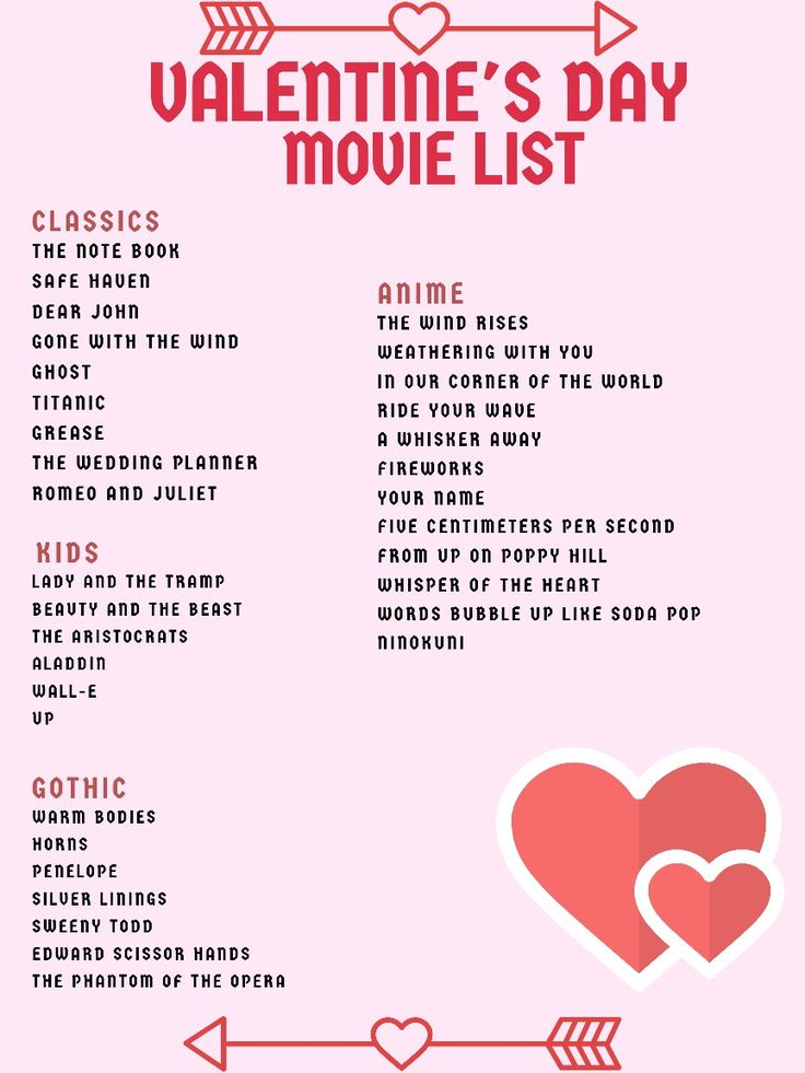 the valentine's day movie list is shown in red and pink with hearts on it