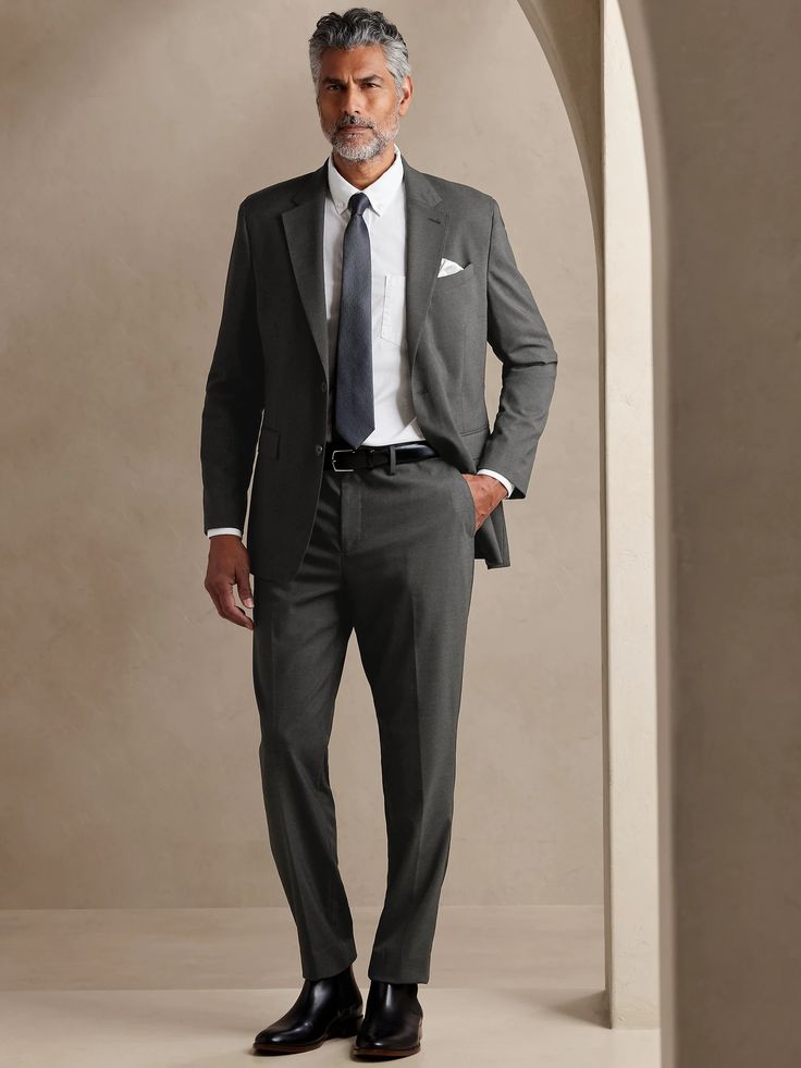 Modern Classic Heather Suit Trouser | Banana Republic Factory Men’s Cocktail Attire Evening, Men Fall Wedding Attire Guest, Men’s Wedding Guest Outfit Semi Casual, Charcoal Suit Combinations, Mens Wedding Guest Attire, Formal Wedding Guest Attire Men, Formal Wedding Guest Men, Business Professional Men, Mens Black Tie Attire