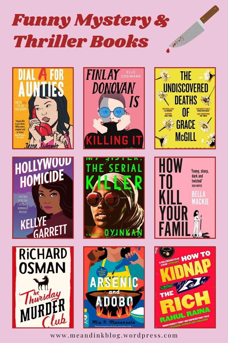 Funny Mystery and Thriller Books on pink background with 9 book cover in centre. Comedy Book Recommendations, Interesting Books To Read For Teens, Book Recommendations Mystery, Comedy Books To Read, Mystery Book Recommendations, Thriller Book Recommendations, Mystery Books To Read, Mystery Thriller Books, Comedy Books