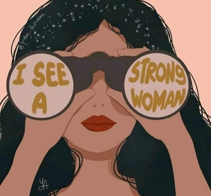 a woman looking through two round glasses with the words i see a strong woman on them