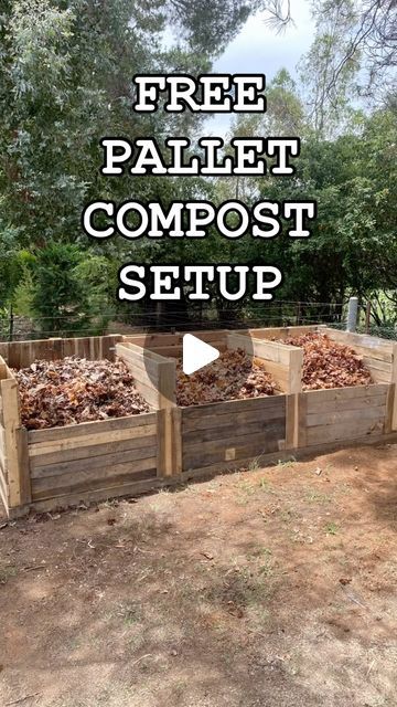 a wooden box filled with lots of composting materials and text overlay that reads free pallet compost setup