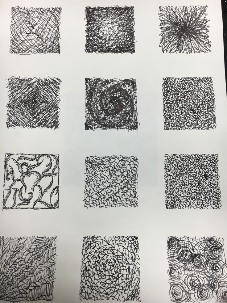 six different square drawings are shown in black and white, each with an abstract design