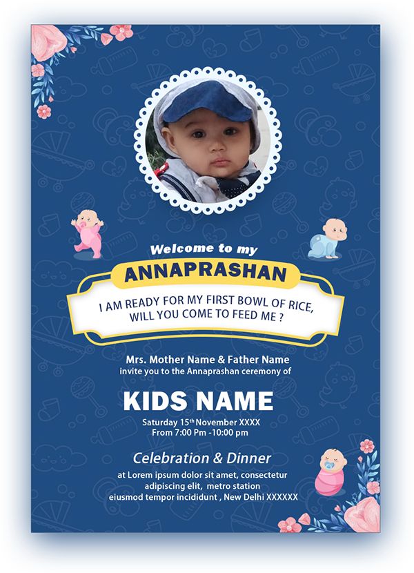 a blue and yellow baby announcement card with an image of a child's face