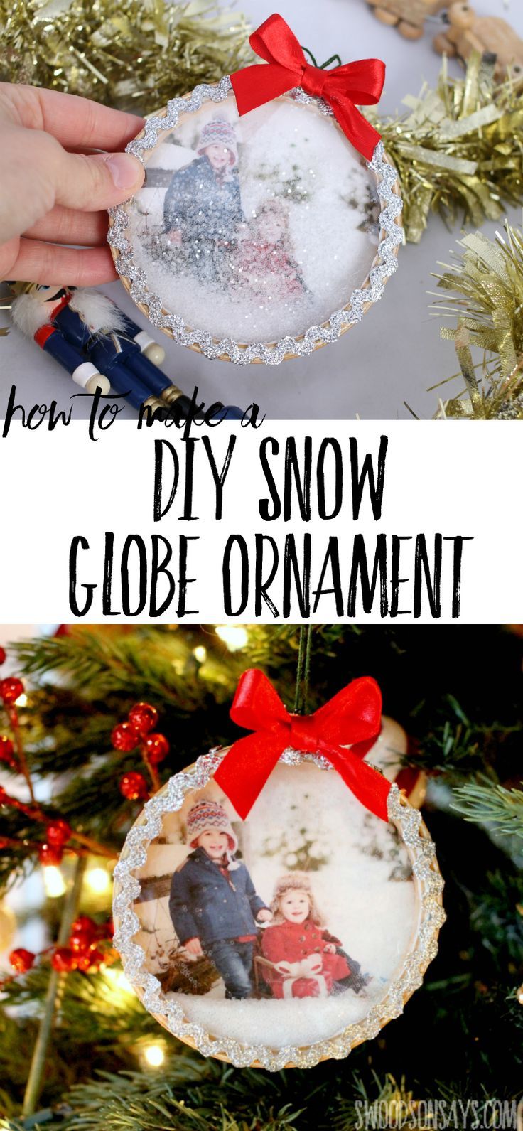 an ornament hanging from a christmas tree with the words how to make a diy snow globe ornament