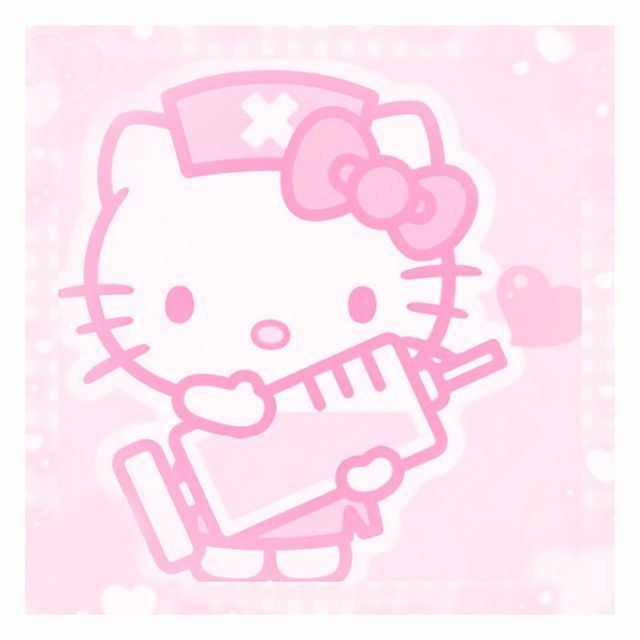 an image of a hello kitty holding a cell phone with hearts on her chest and wearing a nurse's hat