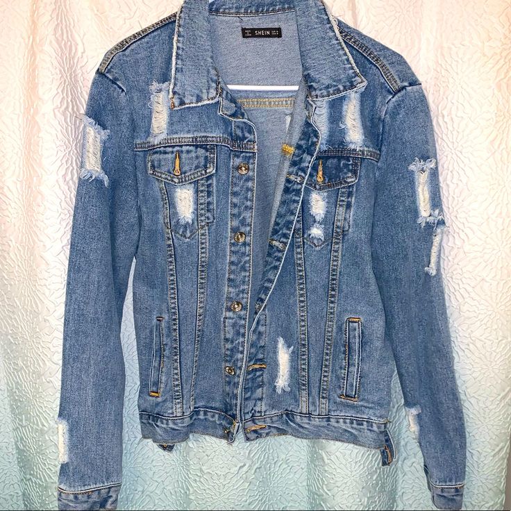 Brand New! Denim Blue Jean Jacket With Distressed Detailing. Medium Wash Shein Jackets, Blue Jean Jacket, Denim Jean Jacket, Blue Denim Jeans, Blue Jean, Denim Jean, Denim Blue, Jean Coat, Jean Jacket