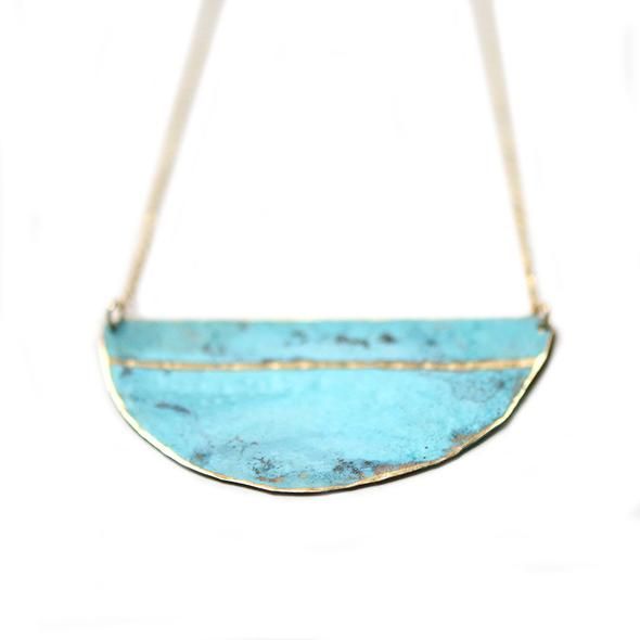 Patina Striped Necklace – Porcelain and Stone Luxury Silver Necklace With Patina, Adjustable Bronze Patina Necklaces, Adjustable Brass Necklace With Patina, Bronze Brass Necklace With Patina, Unique Blue Necklace With Patina, Artisan Metal Necklaces With Patina, Artisan Metal Necklace With Patina, Hand Forged Turquoise Brass Jewelry, Bronze Patina Copper Necklace