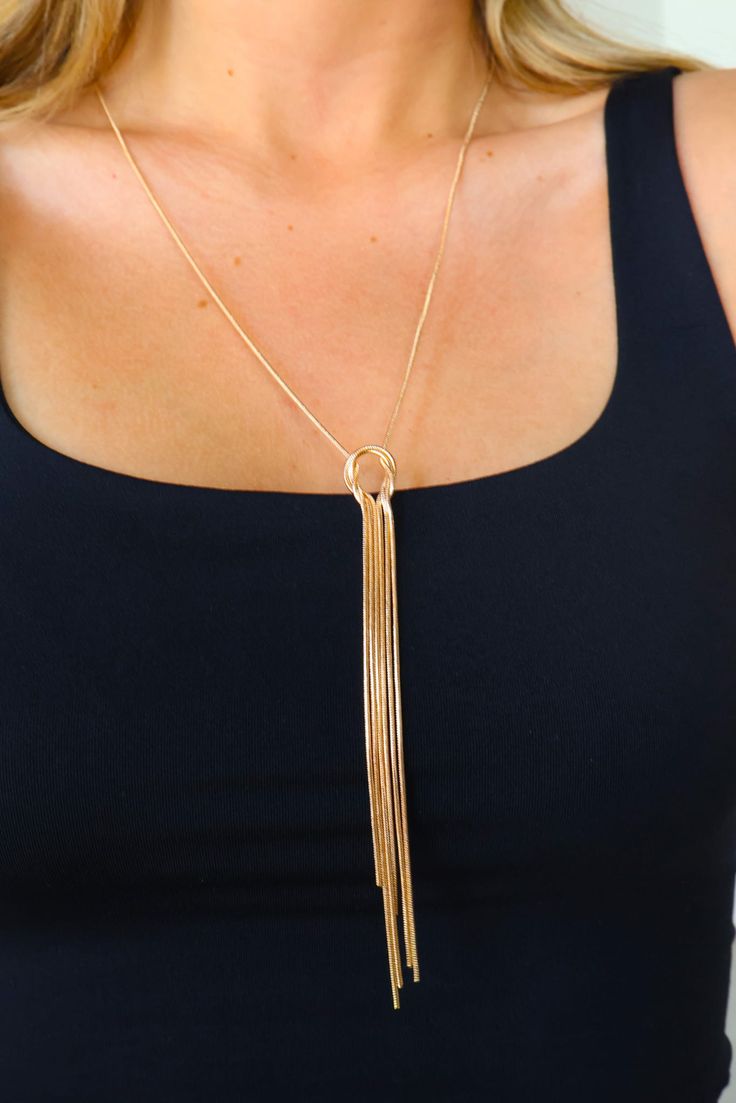 Long golf fringe tassel necklace. Chic Long Tassel Necklaces, Elegant Long Fringe Necklace, Chic Adjustable Fringe Jewelry, Adjustable Gold Tassel Necklace With Fringe, Elegant Long Tassel Necklace With Fringe, Elegant Dangle Tassel Necklace, Adjustable Gold Fringe Necklaces, Elegant Adjustable Fringe Necklaces, Chic Adjustable Tassel Jewelry