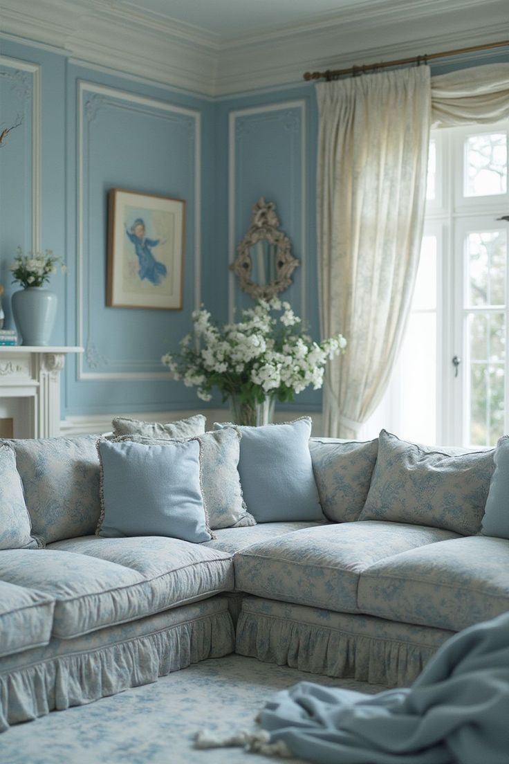 a living room with blue walls and white furniture