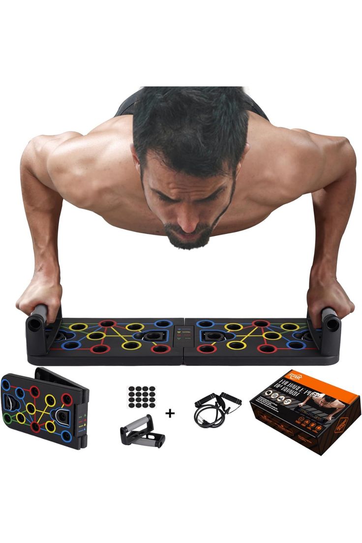 a man is doing push ups on a board with other items in front of him