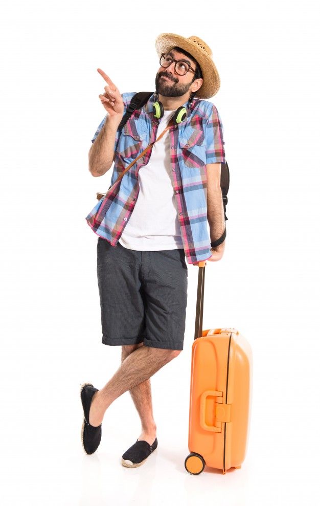 a man with a suitcase pointing at the camera