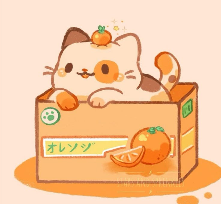 a cat is sitting in a box with oranges