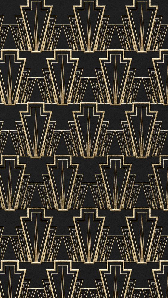 an art deco style wallpaper with gold lines and shapes on black background, in shades of