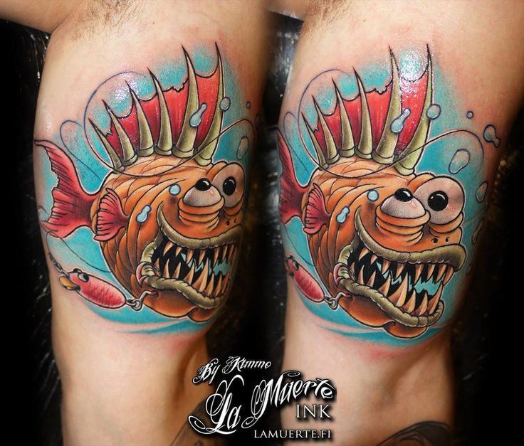 two tattoos on the legs of people with different colored fish and teeth, one has an open mouth