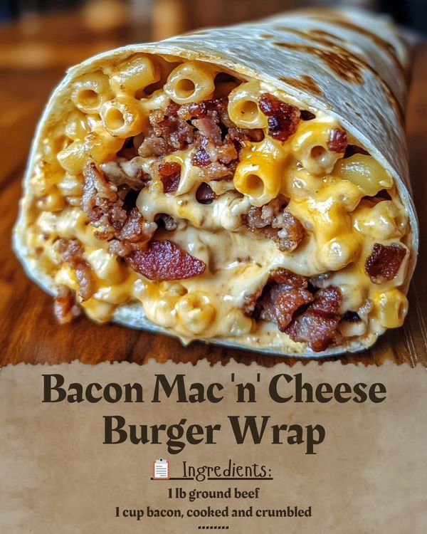 bacon mac'n cheese burger wrap on a wooden table