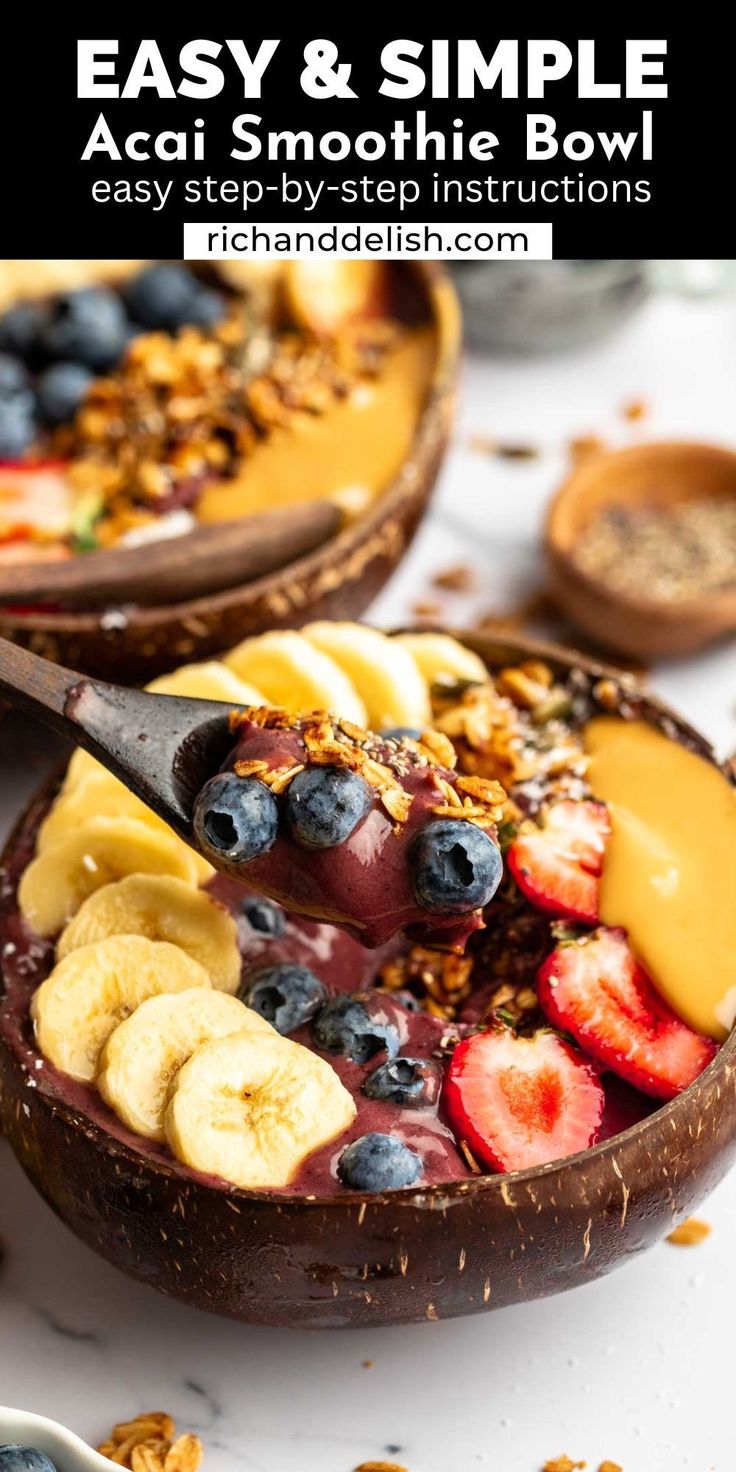 an easy and simple acai smoothie bowl is ready to be eaten with fresh fruit