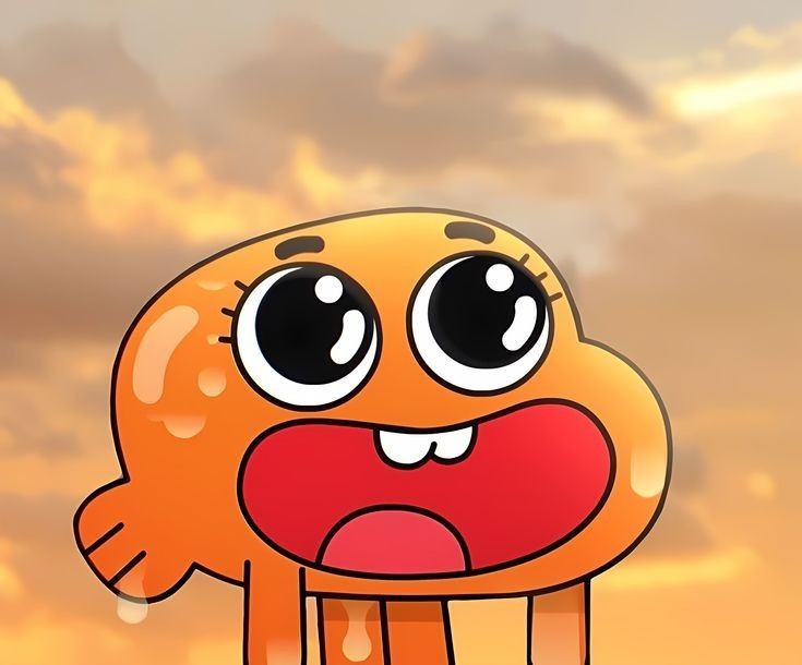 an orange cartoon character with big eyes and red tongue sticking out his tongue, standing in front of a cloudy sky