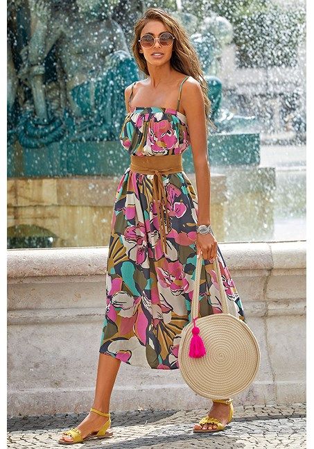 Multi Tropical Flowy Dress, Wide Suede Belt Floral Beachwear Midi Dress For Vacation, Sleeveless Tropical Print Midi Dress For Beach, Casual Tropical Print Sundress For Summer Outings, Tropical Floral Print Midi Dress For Beach, Tropical Floral Print Midi Dress For Beach Season, Summer Vacation Floral Print Midi Dress, Tropical Maxi Dress With Floral Print For Day Out, Summer Floral Print Midi Dress For Beach Season, Summer Floral Print Midi Dress For Vacation