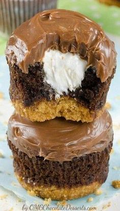 two chocolate cupcakes with frosting on top