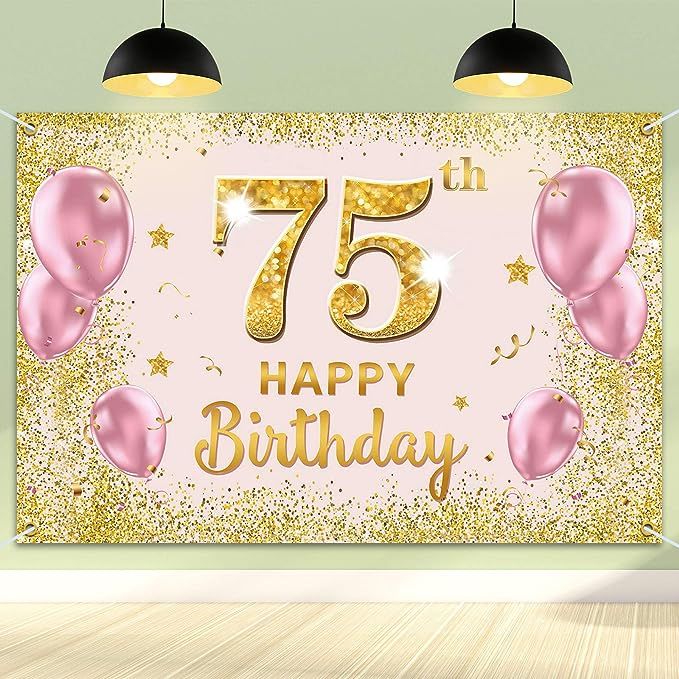 a pink and gold birthday banner with balloons