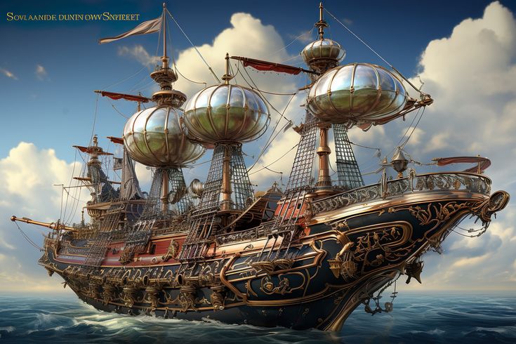 a pirate ship floating on top of the ocean with lots of mirrors in it's sails