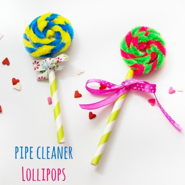 two lollipops are sitting next to each other on a white background with the words pipe cleaner lollipops