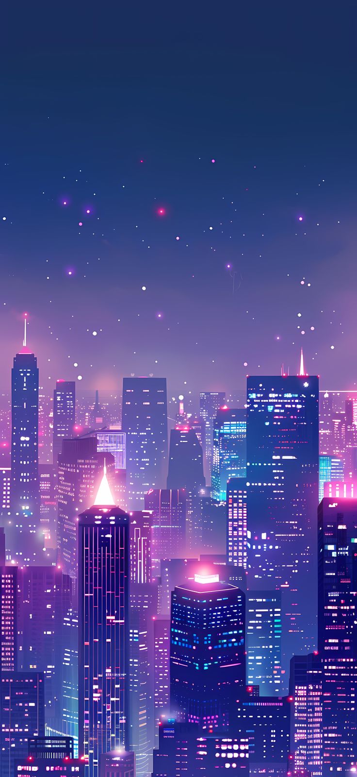 the city skyline is lit up at night with bright lights and stars in the sky