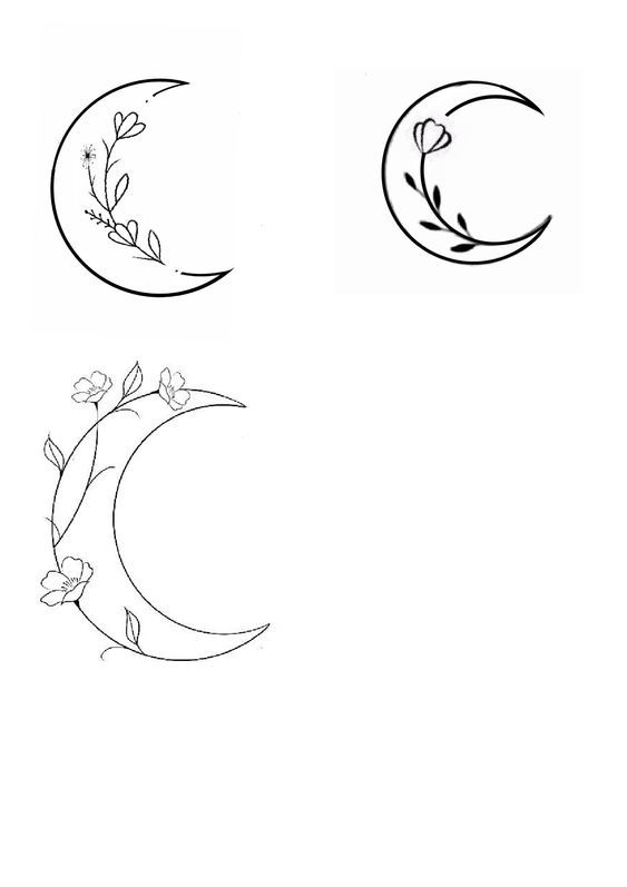 three different phases of the moon with flowers and leaves on each side, one in black and white