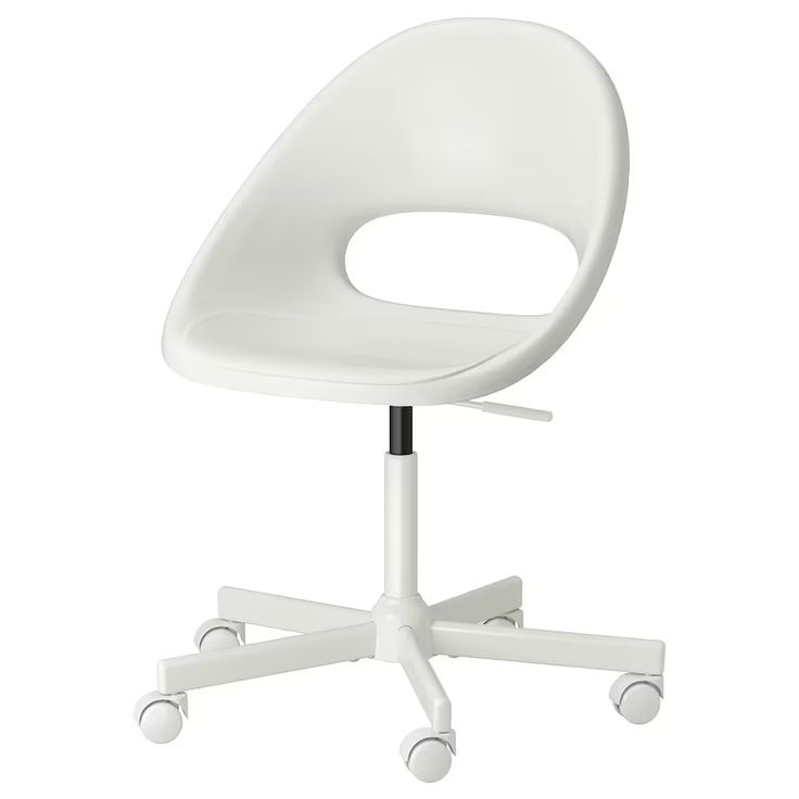 an office chair with wheels and a white seat on the back side, viewed from the front