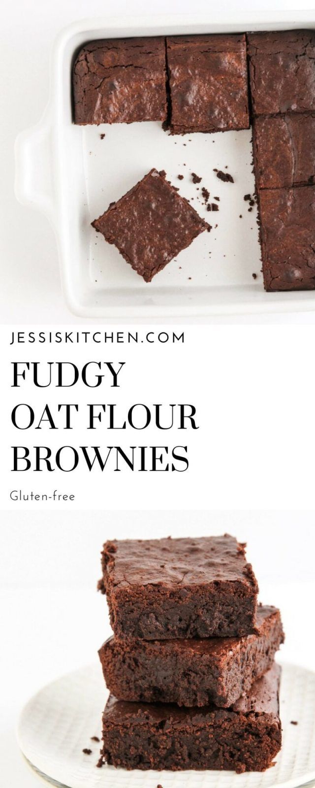 three brownies stacked on top of each other in front of a white plate with the words fudgey oat flour brownies