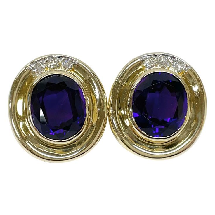 Amethyst Diamond Earrings | From a unique collection of vintage Stud Earrings at https://www.1stdibs.com/jewelry/earrings/stud-earrings/. Luxury Yellow Gold Cabochon Earrings, Classic Round Earrings With Gemstone Accents, Formal Purple Cabochon Gemstones, Oval Polished Gemstones For Formal Occasions, Formal Round Gemstones With Gemstone Accents, Oval Gemstones With Polished Finish For Formal Occasions, Oval Gemstone Accented Earrings For Formal Occasions, Oval Earrings With Gemstone Accents For Formal Occasions, Formal Purple Round Earrings