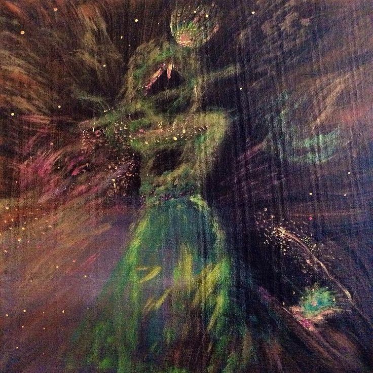 an abstract painting of a woman dancing with her hair blowing in the wind and stars