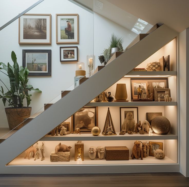 a stair case filled with lots of different types of items next to a wall full of pictures