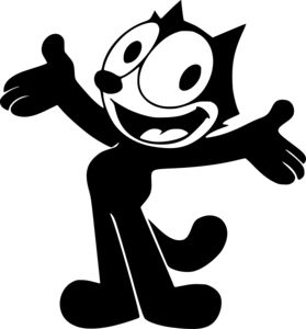 a black and white cartoon cat with its arms out