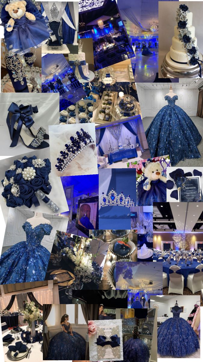 collage of blue and white wedding gowns, shoes, bouquets and decorations