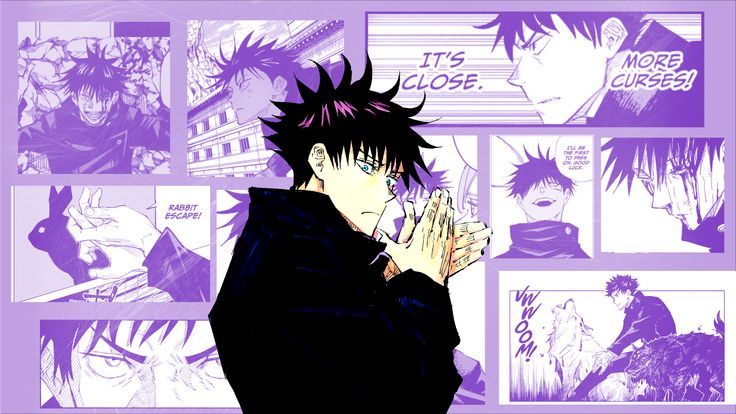 an anime character with black hair and purple background