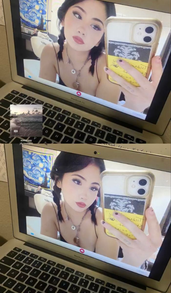 two pictures of a woman holding a cell phone in front of a laptop computer screen