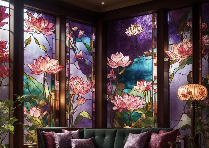 a living room filled with furniture and lots of windows covered in colorful stained glass flowers