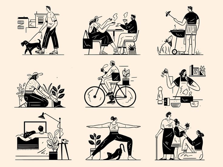 black and white illustrations of people doing different things in their life, including an elderly man sitting on a chair