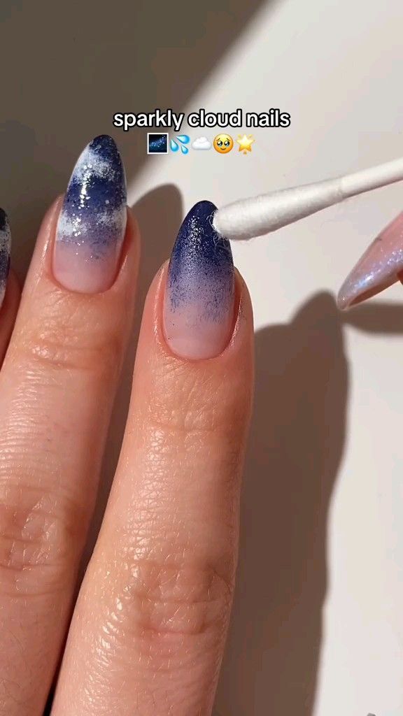 The easiest & prettiest way to paint cloud-y nail designs! <3 — using: • @kiaraskynails navy blue nails ,. #nail #nails #nailart #nailsofinstagram #nailswag #naildesign #naildesigns #nailstagram #gelnails #beauty #nailsoftheday #nailsonfleek #manicure #fashion #nailsart #instagood #nailpolish #nailstyle #love #nails2inspireb #acrylicnails #art #style #coffinnails #instanails #gelpolish #beautiful #nailinspo #photooftheday #nailpromote #newyearnails More in the telegram Sky Colour Nail Art, Easy Blue Nail Designs For Beginners, Easy Galaxy Nails, Easy Cloud Nails, Nail Art Simple Diy, Nail Art Design At Home, Cute Nails Coffin Shape, Nail Art Types List, Normal Polish Nail Art