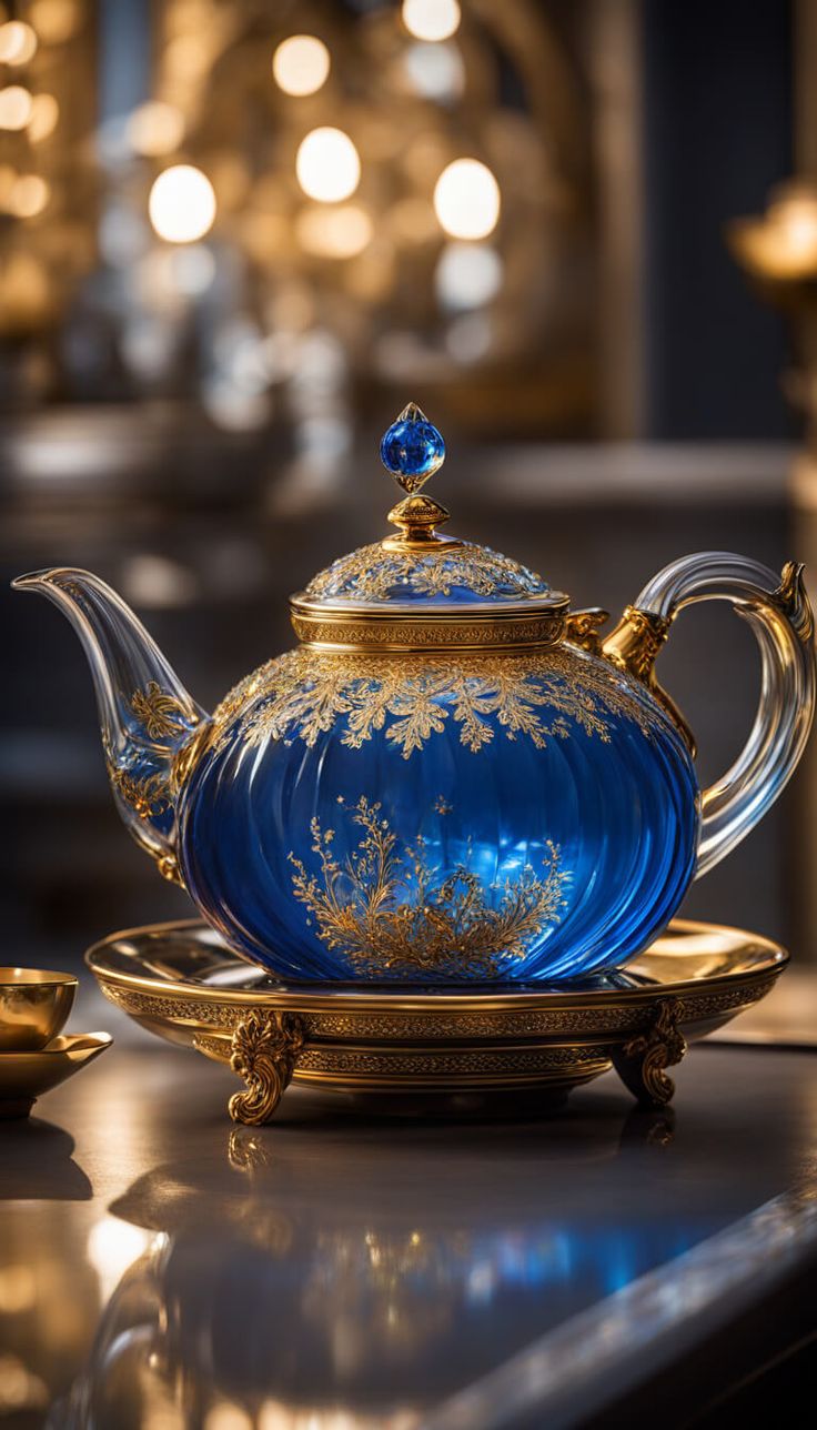 a blue tea pot sitting on top of a table next to a cup and saucer