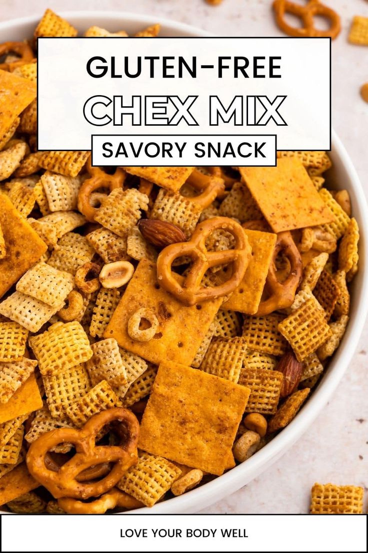 a bowl full of chex mix with the words love your body well