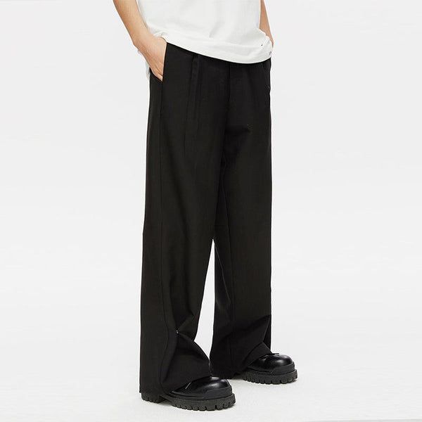 Men Pants Casual Wide Leg Pants With Button Closure, Full Length, Black Casual Dress Pants With Button Closure, Casual Black Dress Pants With Button Closure, Baggy Business Casual Pants, Business Casual Cotton Wide Leg Pants, Baggy Solid Color Pants For Business Casual, Baggy Solid Pants For Business Casual, Solid Color Baggy Pants For Business Casual, Relaxed Fit Full-length Pants With Button Closure