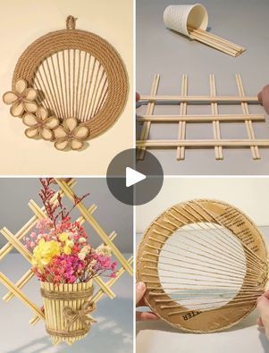 four pictures showing how to make a bamboo basket with flowers in it and the instructions below