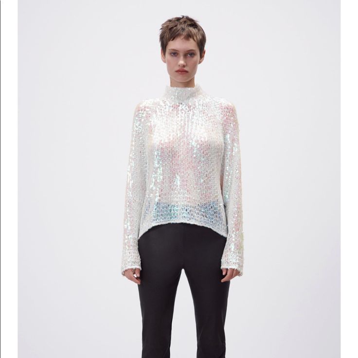 Nwt Brand- Zara Sequin High Collar Sequin Sweater Size-Large Limited Edition Absolutely Stunning White Long Sleeve Sequined Blouse, Zara Winter Party Blouse, Zara Sequined Long Sleeve Tops, Zara Long Sleeve Sequin Tops, Glamorous White Festive Tops, Zara Long Sleeve Sequin Blouse, Zara Fitted Sequin Blouse, White Sequined Blouse For Night Out, Elegant Silver Winter Top