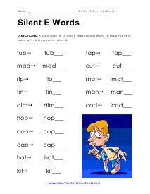 a worksheet with the words silent e and an image of a cartoon character