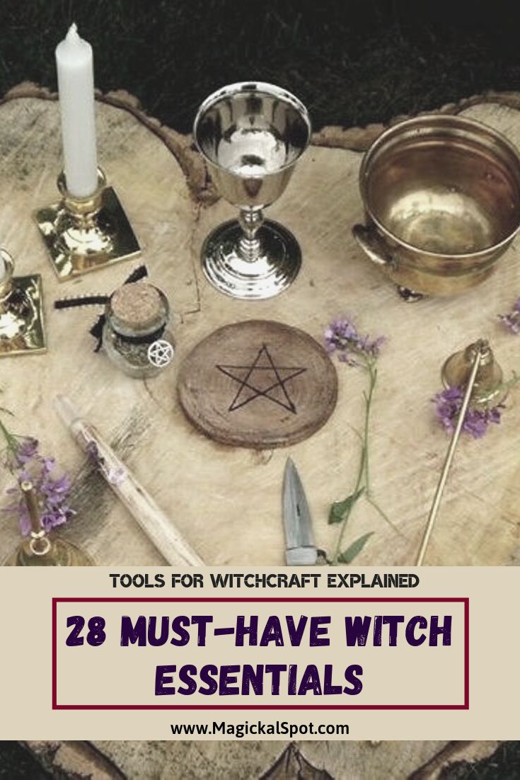 Here's a list of 28 Witchcraft tools, also known as Witch Essentials.   You can also learn a few things about each one.   It's a looong article! :)   #witchtools #witchcraft #witch The Hour Of The Witch, Witchcraft Tools For Beginners, Things Every Witch Needs, Witch Essentials List, Witchcraft Supplies List, Witch Supplies List, Witchcraft Altar Ideas, Witch Altar Ideas, Witchcraft For Beginners Learning