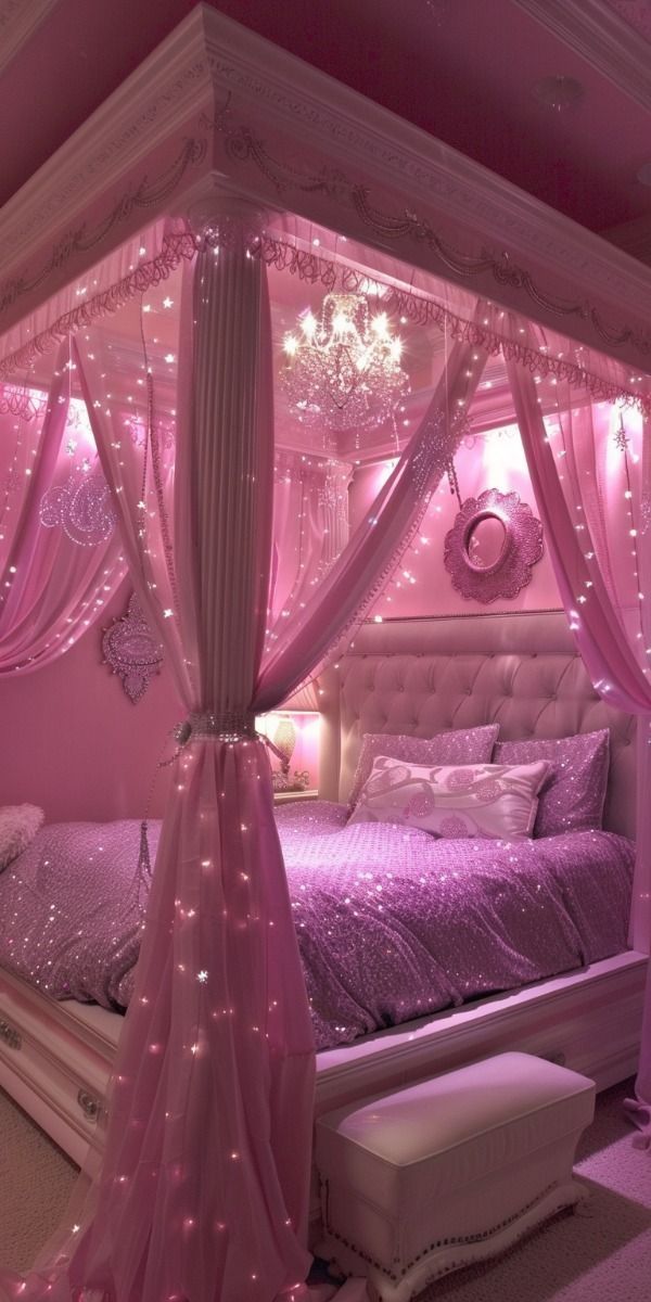 a bed with pink lights and curtains in a room that looks like a princess's bedroom